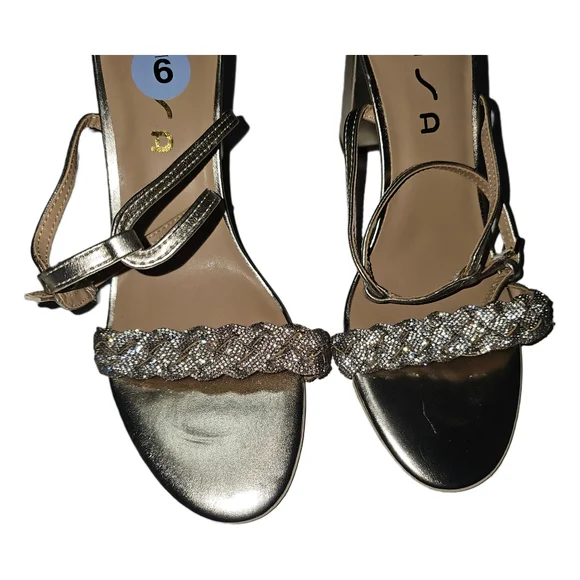 Rhinestone gold braided strappy block heel party shoes size 9 - Picture 13 of 15